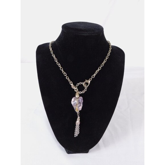 Handmade Amethyst Nugget Heart Pendant Necklace Silver Tone Chain Tassel Unique - Picture 1 of 5